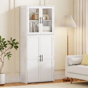 Armário para casa de banho de madeira com portas 70 cm x 30 cm x 168 cm, prateleiras e ganchos para esfregonas  branco