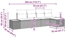 Conjunto de Sofá de Jardim de 5 Peças com Almofadas Preto Rattan Polié
