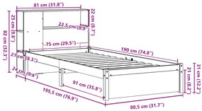 Cama com estante sem colchão 75x190 cm pinho maciço branco