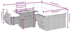 9 pcs conjunto sofás p/ jardim com almofadões vime PE cinzento