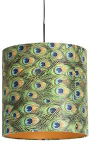 Candeeiro de suspensão com abajur de veludo azul-petróleo com dourado 40 cm - Combi Clássico / Antigo