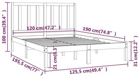 Estrutura cama casal pequena 4FT 120x190 cm pinho maciço preto