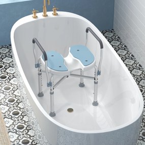Cadeira de duche com braços 53 x 36 x 64-75 cm, assento em forma de U, altura ajustável, antiderrapante, azul claro