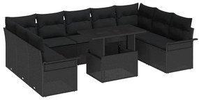 Conjunto de Sofás de Jardim com 10 Peças e Almofadas Preto Polirattan