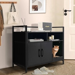 Caixa de areia oculta para gatos com portas de cartão para arranhar Armário de limpeza para animais de estimação com Estante 89 x 45 x 74,5 cm Preto