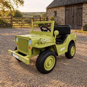 Jipe Willys 12V 1 Lugar 4x4 elétrico para crianças Todo terreno, rodas de borracha, assento Couro sintético cáqui militar