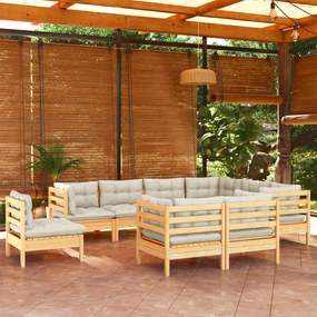 vidaXL 9 pcs conjunto lounge jardim c/ almofadões creme pinho maciço