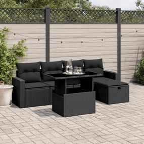6 pcs conjunto sofás de jardim c/ almofadões vime PE preto
