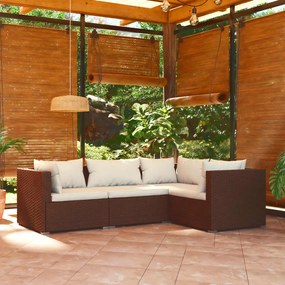 4 pcs conjunto lounge jardim c/ almofadões vime PE castanho