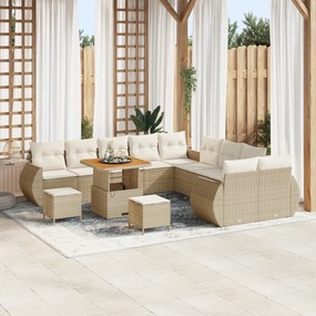 Conjunto de Sofá de Jardim de 13 Peças com Almofadas Bege Rattan Polié