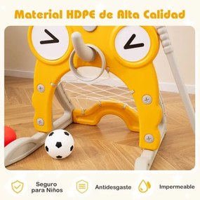 Cesto de basquetebol Veado 4 em 1 com baliza de futebol, argolas e golfe, altura ajustável, base reenchível para interior e exterior Amarelo