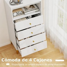 Cómoda 4 gavetas moderna 60 x 40 x 112,5 cm com porta de vidro canelado e gavetas extraíveis Pernas metálicas Branca