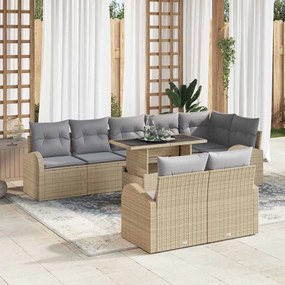 Conjunto de Sofás de Jardim Modular de 9 Peças com Almofadas Bege Vime Poliéster