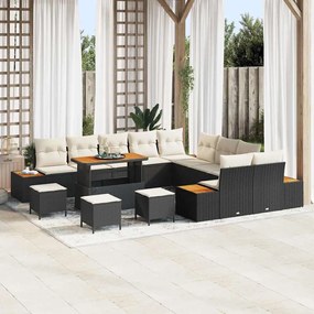 Conjunto de Sofás de Jardim vidaXL com Almofadas Pretas de Polirattan e Acácia