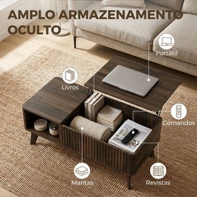 Mesa de Centro Elevatória 100x48x41 cm com Compartimento Oculto e Prateleiras Abertas 100x48x41-56 cm Cor Nogueira