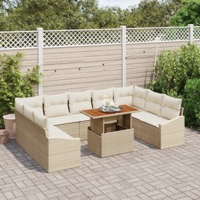 Conjunto de Jantar de Jardim de 10 Peças com Almofadas Bege em Vime PE