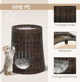 Cesta de Vime para Gatos Cama Caverna de 2 Níveis com Almofadas Laváveis Ø45x50cm Castanho