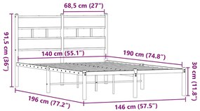 Estrutura de cama sem colchão 140x190 cm metal carvalho fumado