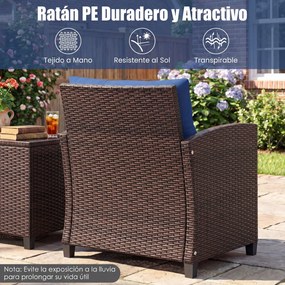Conjunto jardim de 3 peças: cadeiras de rattan e mesa com tampo de vidro temperado. Mobiliário de exterior em vime para pátio, Castanho com almofadas