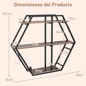 Prateleira hexagonal de parede 80 x 18 x 69,5 cm com 3 níveis flutuantes com ganchos de metal e madeira para quarto, sala de estar, café
