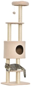 PawHut Arranhador para Gatos Altura 148 cm Arranhador para Gatos com Postes de Sisal 3 Plataformas Casa e Bola Suspensa Bege