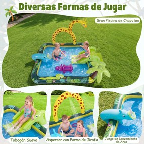 Piscina insuflável  208 x 178 x 138 cm infantil com escorrega, chuveiro em forma de girafa e jogo de aros, com tema de animais da selva, centro de jog