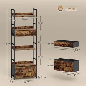 Estante de arrumação com 6 níveis, 4 prateleiras e 3 gavetas em tecido, 60 x 30 x 176 cm, castanho rústico