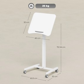 Secretária para trabalhar em pé com altura ajustável  60,5 x 52 x 75-114 cm, tampo inclinável, Rodas e estrutura em aço branco