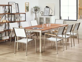 Conjunto de jardim em inox mesa com eucalipto e 8 cadeiras com tecido branco GROSSETO Beliani