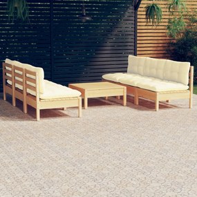 vidaXL 7 pcs conjunto lounge jardim c/ almofadões cor creme pinho