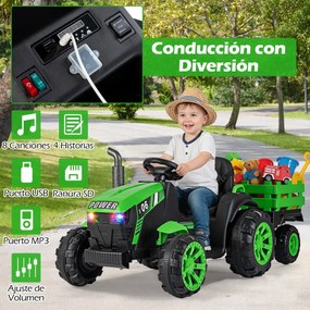 Trator elétrico para crianças 24V com faróis LED RGB Música Porta USB Reboque removível e controle remoto Verde