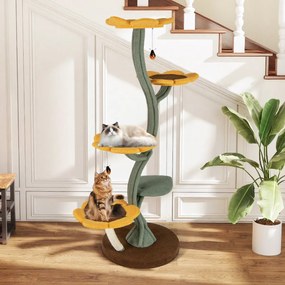 Arranhador para gatos com vários níveis forma girassol com 4 plataformas em forma de flor Postes para arranhar Base amarela
