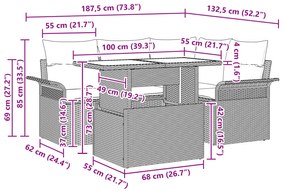 Conjunto de Sofá de Jardim de 5 Peças com Almofadas Preto Vime PE