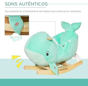 Baloiço com Forma de Baleia para Crianças de 18-36 Meses Baloiço de Pelúcia com Sons Cinto de Segurança e Apoio para os Pés 60x33x50cm Turquesa