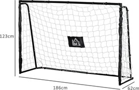 Baliza de futebol com estrutura metálica, rede em PE, estacas e ferramentas incluídas; dim. 186 x 62 x 123 cm; preto e branco