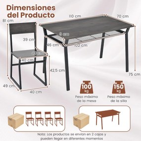 Conjunto de móveis de cozinha de 5 peças com mesa de jantar retangular industrial 4 cadeiras Estante para arrumação e estrutura metálica Cinzento