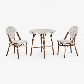 Conjunto De Mesa Redonda Brielle Bistro (80 Cm De Diâmetro) E Duas Cadeiras De Jardim Empilháveis De Alumínio Nude Beige - Gardénia Branco - Sklum
