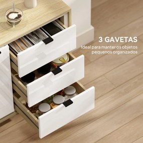 Aparador de Sala Moderno com 3 Gavetas Prateleira Ajustável e Pés em Madeira 80x35x77 cm Branco Brilhante e Carvalho