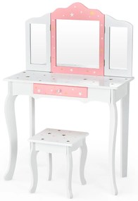 Conjunto de Toucador e Banco Mesa de Maquilhagem para Crianças com Gaveta Tripartida Espelho Destacável Branco e Rosa