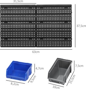 Organizador de Ferragens para Parede com 30 Caixas de 2 Tamanhos Diferentes 63x18x37,5 cm Azul e Cinza