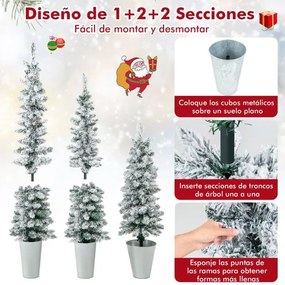 Conjunto de 3 árvores de Natal artificiais com neve e barris de metal cheios de cimento