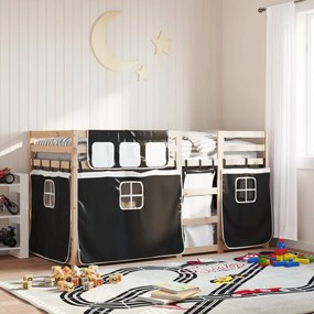 vidaXL Beliche com cortinas 80x200 cm pinho maciço branco e preto