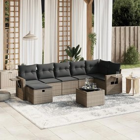 8 pcs conjunto sofás de jardim c/ almofadões vime PE cinzento