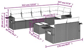 9 pcs conjunto sofás p/ jardim c/ almofadões vime PE castanho