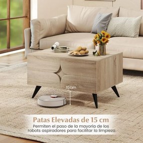 Mesa de centro Moderna 80 x 60 x 46 cm com Armazenamento e com Compartimento Aberts e 3 Gavetas 4 Pernas Natural