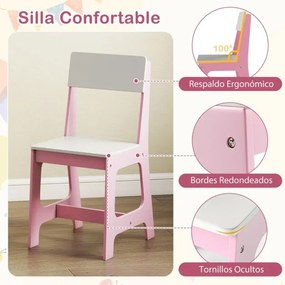 Conjunto de secretaria e cadeira infantil com estante, gaveta, armário, quadro de cortiça e banco com encosto inclinado 109,5 x 48 x 100,5 cm Rosa