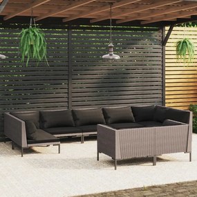 vidaXL 9 pcs conj. lounge jardim c/ almofadões vime PE cinzento-escuro