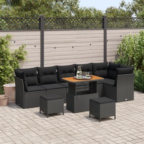 Conjunto de Sofá de Jardim vidaXL 9 Peças com Almofadas Preto Rattan S