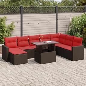 9 pcs conj. sofás jardim c/ almofadões vime PE/acácia castanho