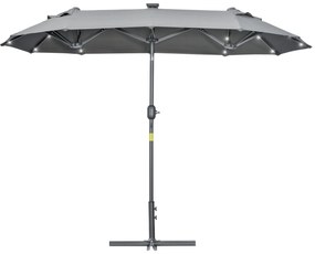 Outsunny Chapéu de Sol Duplo 295x150x219 cm com Luzes LED Solares Teto com Inclinação Ajustável e Manivela Manual para Jardim Cinza